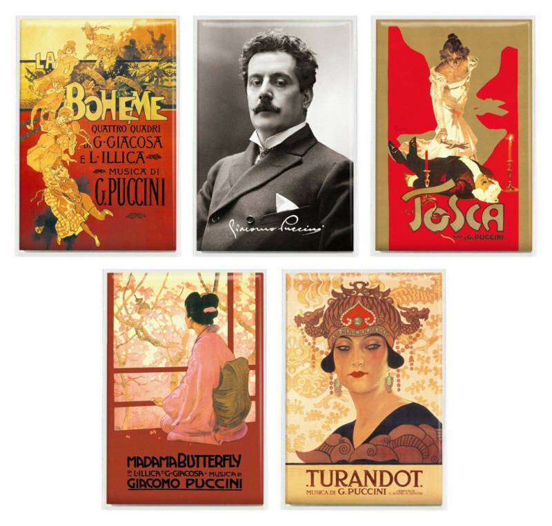 G. Puccini. Set 5 calamite: Ritratto, La Bohème, Tosca, Mad. Butterfly, Turandot
