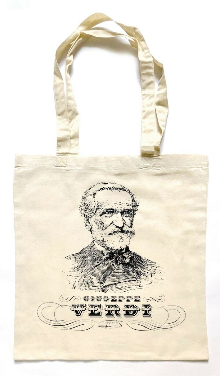 Giuseppe Verdi. Shopper in tela ècru con manici lunghi. Ritratto incisione